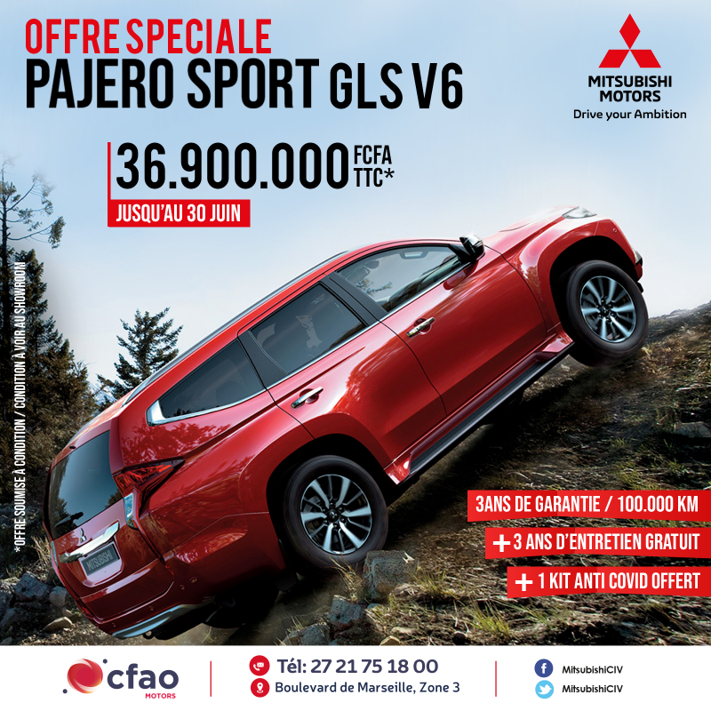 Offre spéciale : PAJERO SPORT GLS V6 à 36 900 000 FCFA TTC + 3 ans d'entretien gratuit