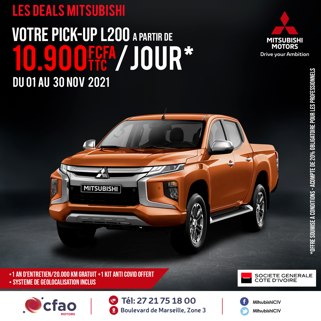 Le Pick-up L200 est à partir de 10 900 FCFA TTC par jour jusqu'au 30 novembre 2021